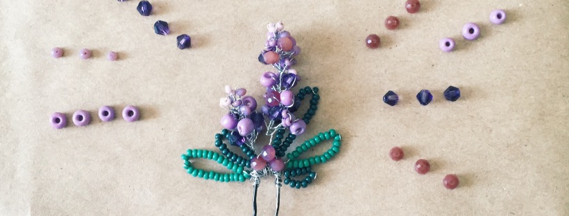Purple hairpin in form of lavender purple with green leaves from beads